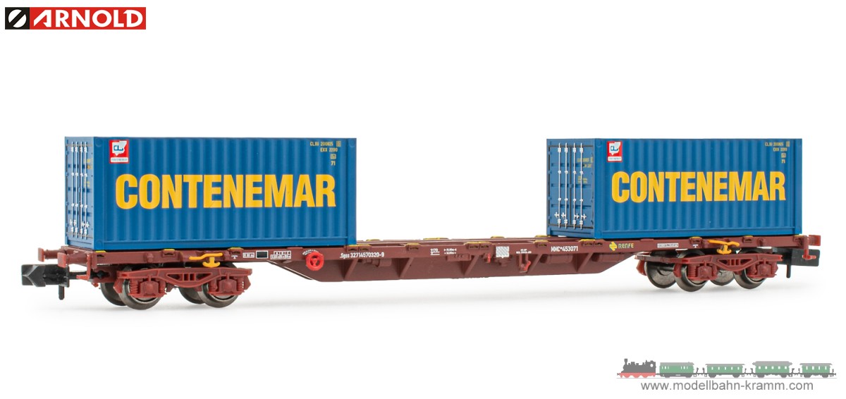 Arnold 6461, EAN 8425420812699: RENFE, 4-axle 60´ container wagon MMC blue livery, loaded with 45