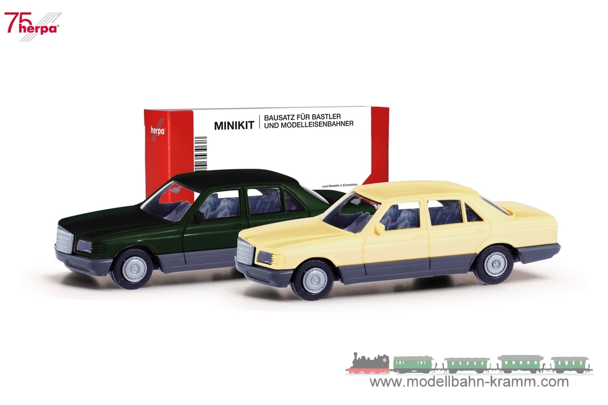 Herpa 013727-003, EAN 4013150352635: 1:87 Herpa MiniKit: 2er-Set Mercedes-Benz S-Klasse (W126), tiefgrün/elfenbein