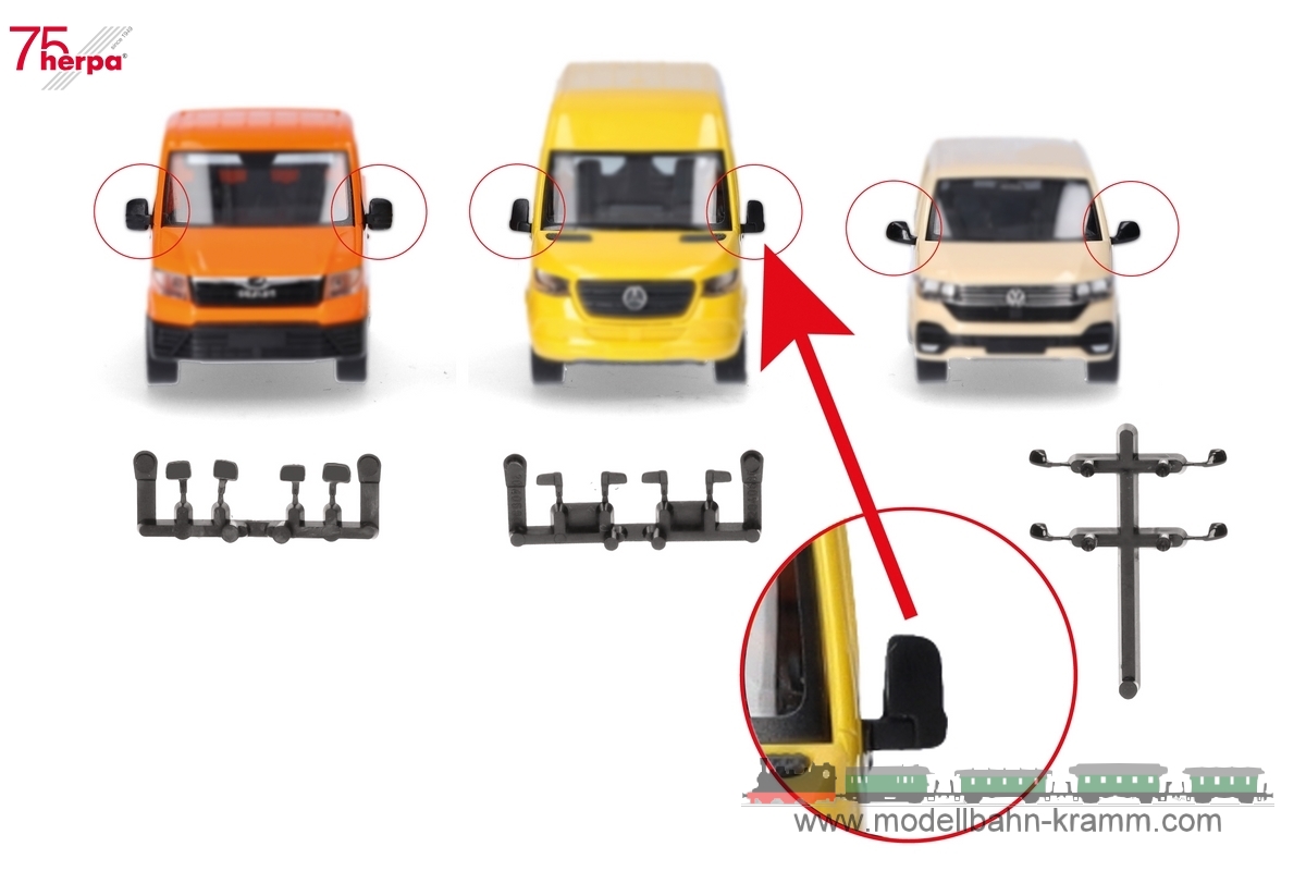 Herpa 054508, EAN 4013150054508: 1:87 Zubehör: Spiegel-Set für Transporter (Mercedes-Benz Sprinter, VW Crafter/MAN TGE, VW T6.1), je 5 Stück