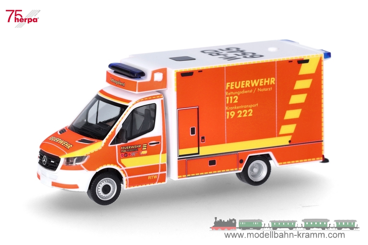 Herpa 097987, EAN 4013150097987: 1:87   Mercedes-Benz Sprinter ´18 Rettungswagen Feuerwehr Wuppertal (Nordrhein-Westfalen/Wuppertal)