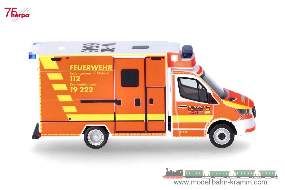 Herpa 097987, EAN 4013150097987: 1:87   Mercedes-Benz Sprinter ´18 Rettungswagen Feuerwehr Wuppertal (Nordrhein-Westfalen/Wuppertal)