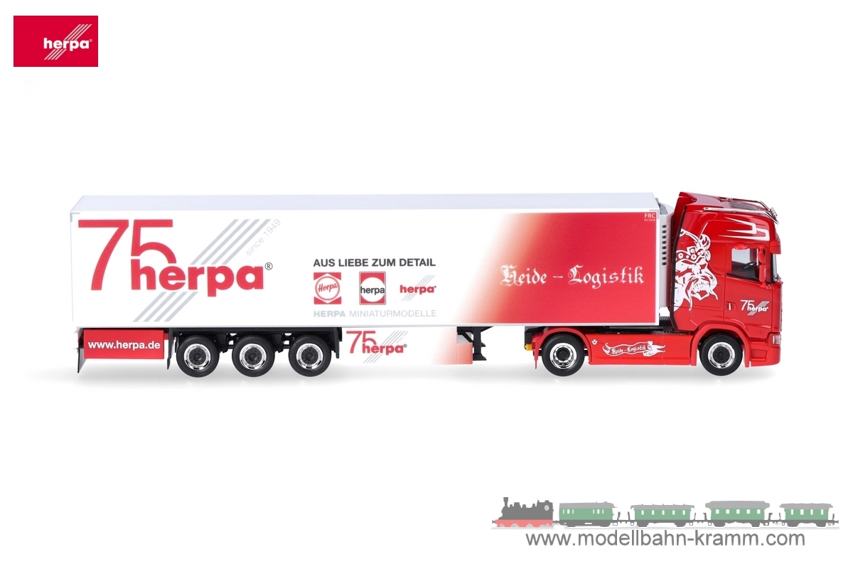 Herpa 317733, EAN 2000075619044: Scania CS 20 HD Kühlkoffer-Sattelzug Heide-Logistik/75 Jahre Herpa