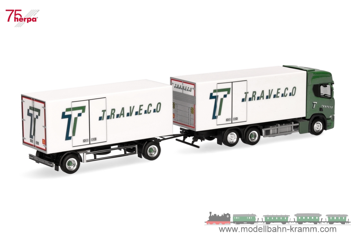 Herpa 317788, EAN 4013150317788: 1:87 Scania CR20 HD Kühlkoffer-Hängerzug Traveco (Schweiz/Sursee)