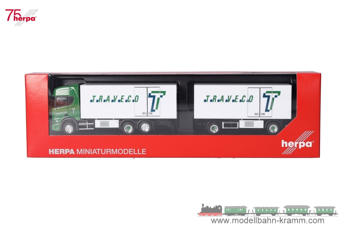 Herpa 317788, EAN 4013150317788: 1:87 Scania CR20 HD Kühlkoffer-Hängerzug Traveco (Schweiz/Sursee)