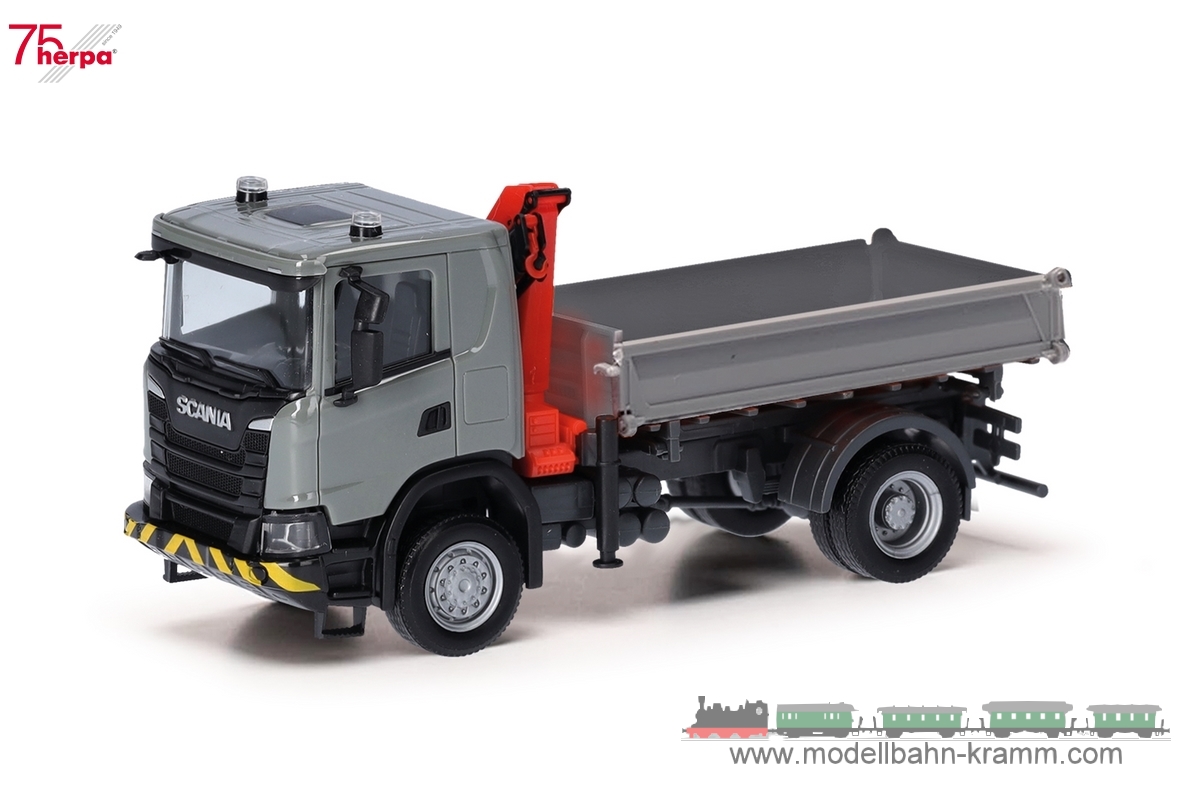 Herpa 318051, EAN 4013150318051: 1:87 Scania XT17 3-Seitenkipper mit Ladekran, grau/gelb