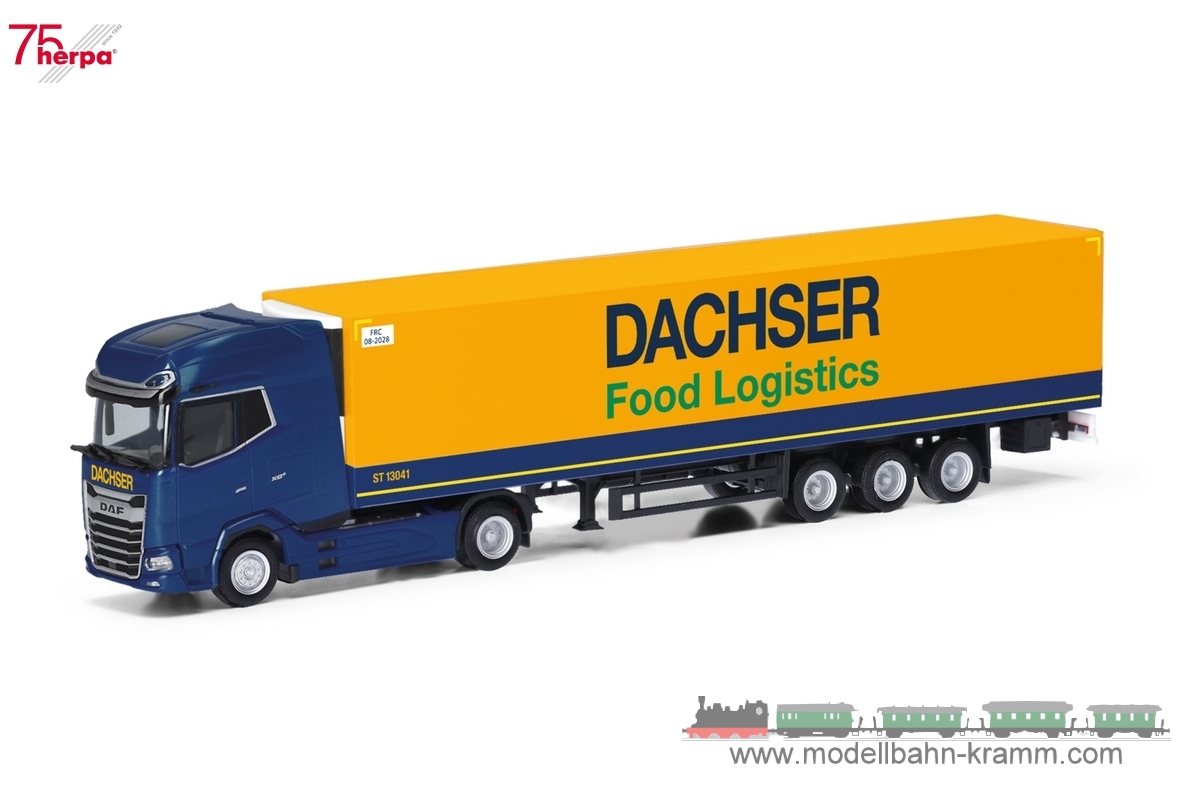 Herpa 318099, EAN 4013150318099: 1:87 DAF XG+ Gardinenplanensattelzug Dachser Intelligent Logistics (Bayern/Kempten)