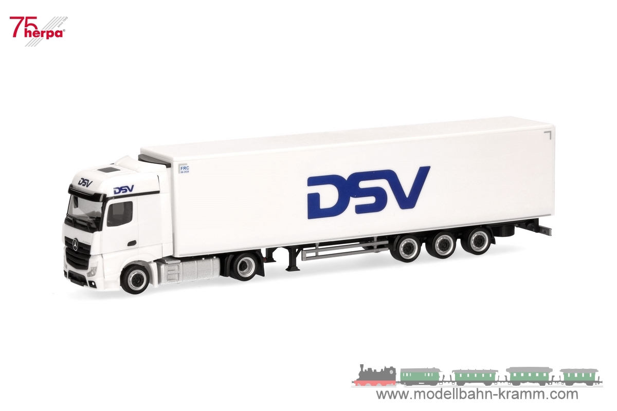 Herpa 318198, EAN 4013150318198: 1:87 Mercedes-Benz Actros Bigspace Lowliner-Kühlkoffer-Sattelzug DSV (Dänemark/Hedehusene)