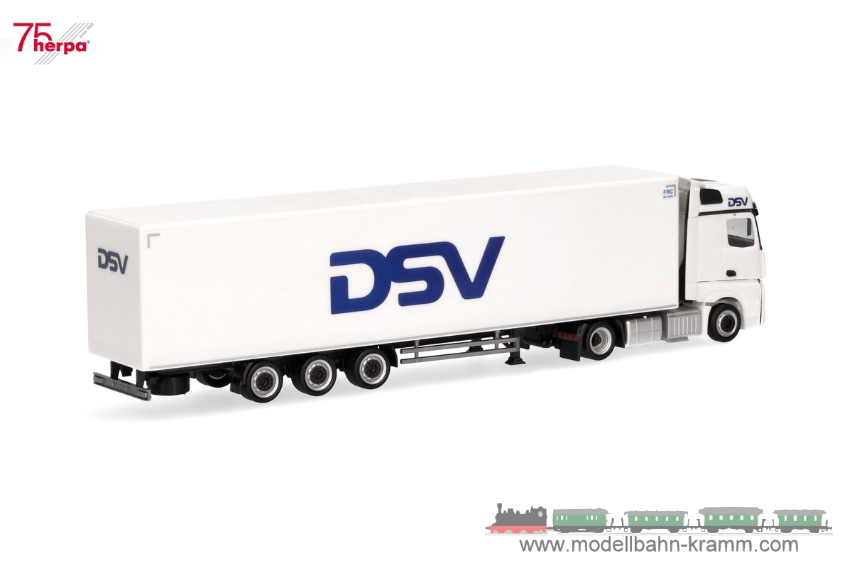 Herpa 318198, EAN 4013150318198: 1:87 Mercedes-Benz Actros Bigspace Lowliner-Kühlkoffer-Sattelzug DSV (Dänemark/Hedehusene)