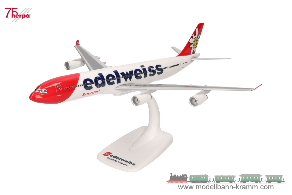 Herpa 611336-001, EAN 4013150353434: 1:200 Edelweiss Air Airbus A340-300 – HB-JMC “Flumserberg”