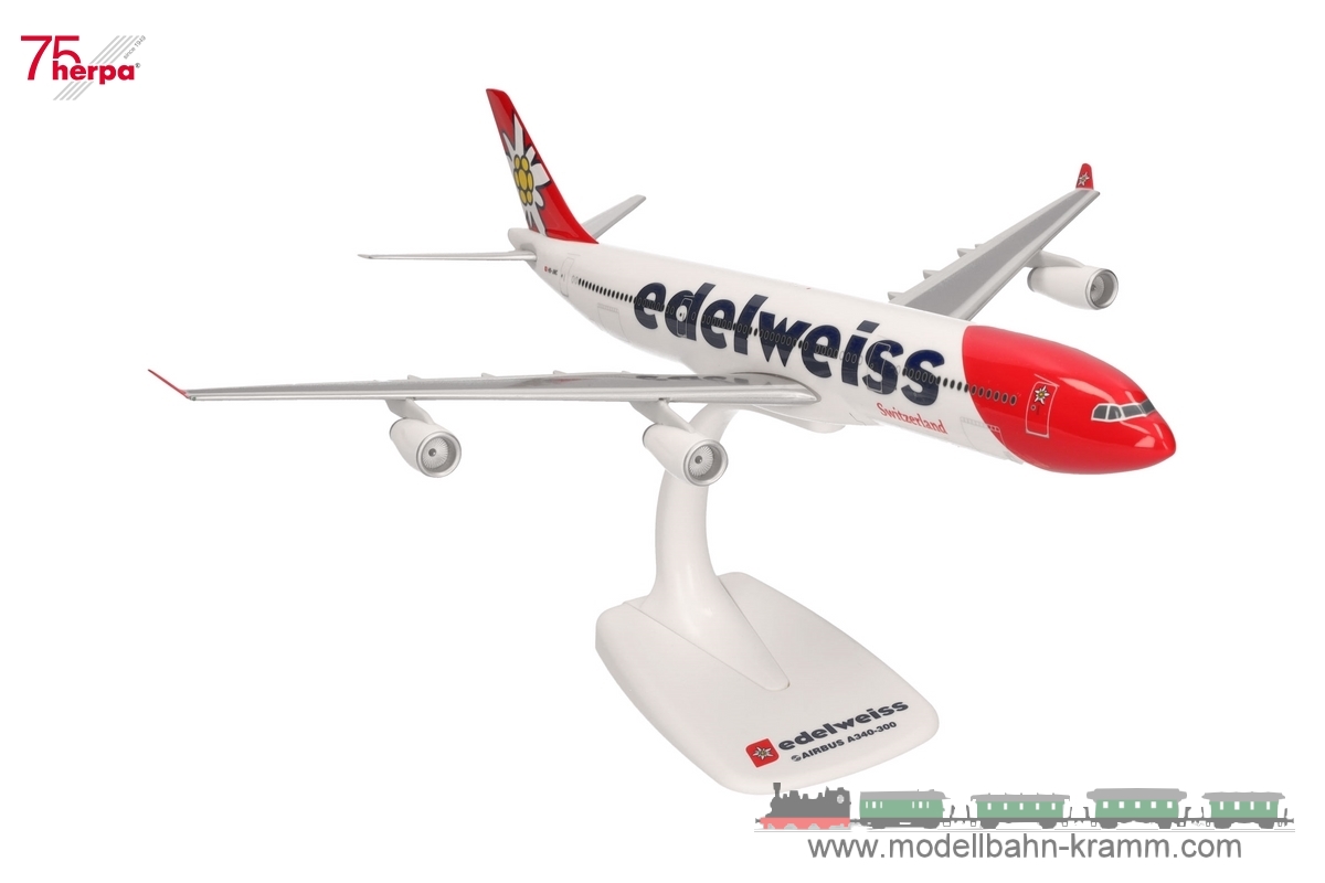 Herpa 611336-001, EAN 4013150353434: 1:200 Edelweiss Air Airbus A340-300 – HB-JMC “Flumserberg”