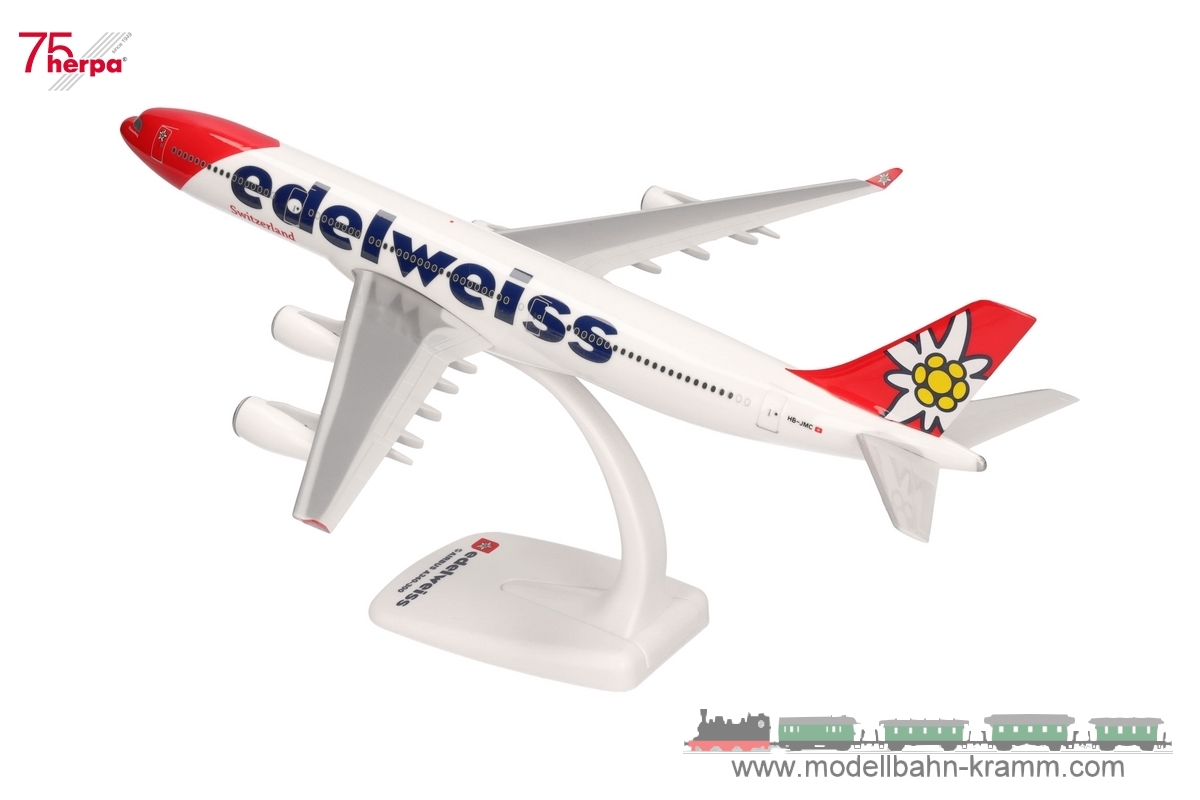 Herpa 611336-001, EAN 4013150353434: 1:200 Edelweiss Air Airbus A340-300 – HB-JMC “Flumserberg”