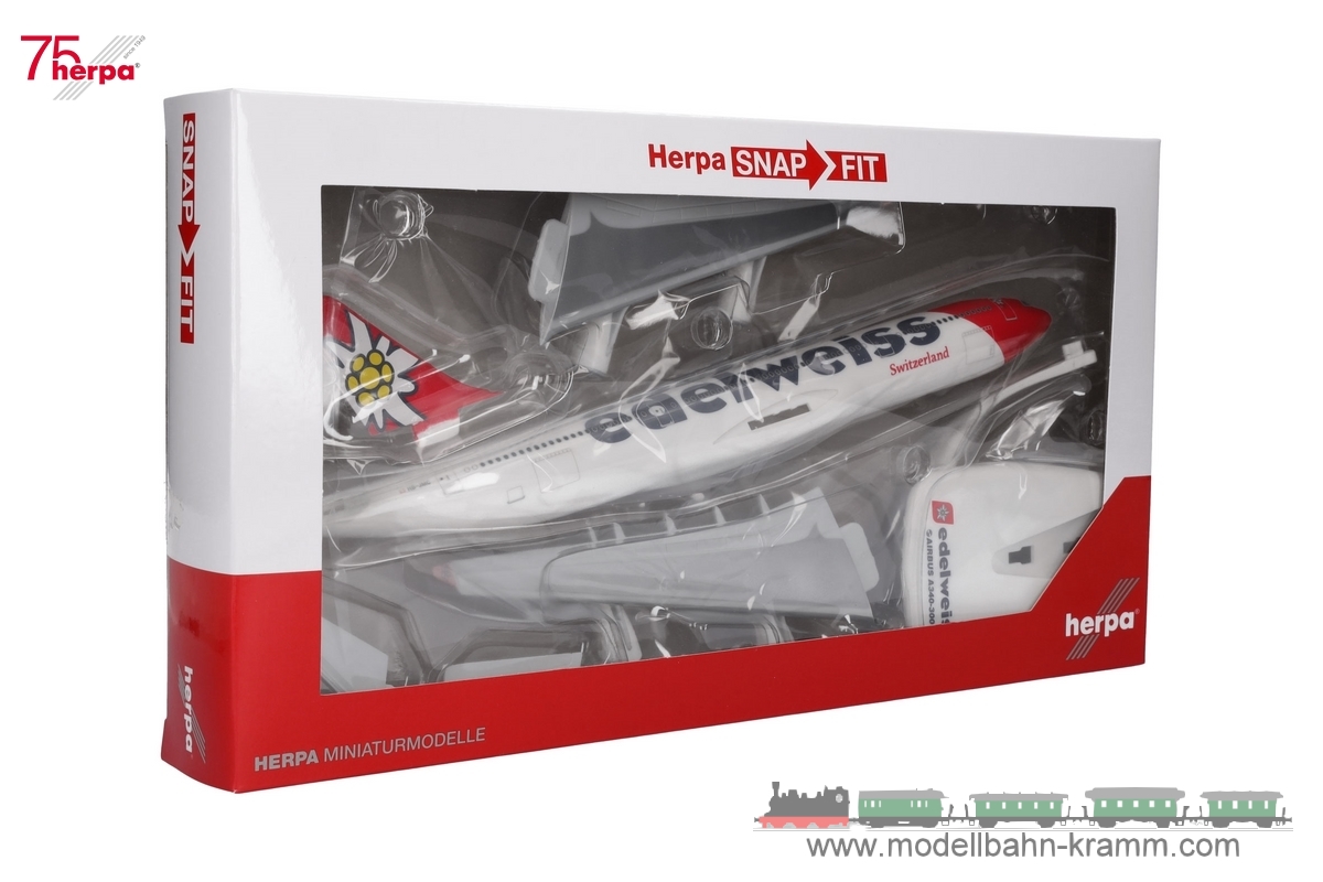 Herpa 611336-001, EAN 4013150353434: 1:200 Edelweiss Air Airbus A340-300 – HB-JMC “Flumserberg”