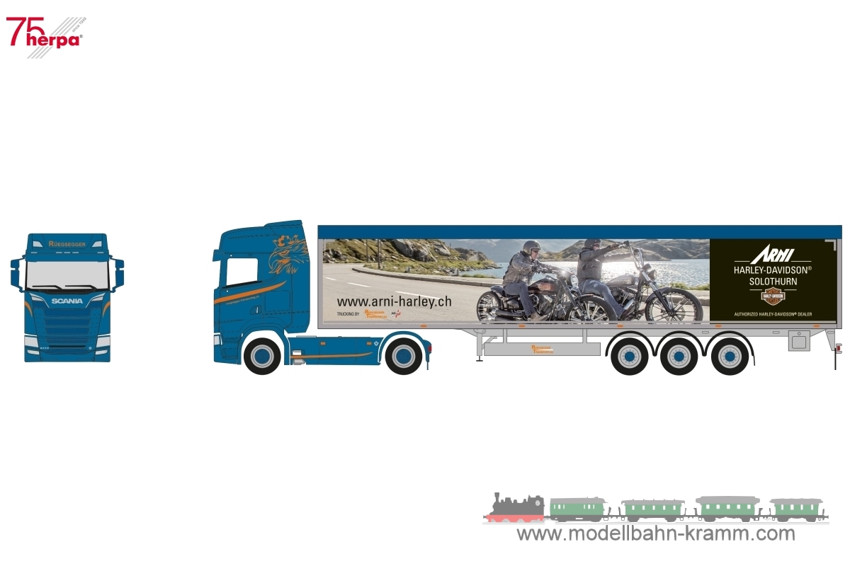 Herpa 957205, EAN 4013150957205: Scania CS20 HD Schubboden-Sattelzug Rüegsegger/Harley Davidson