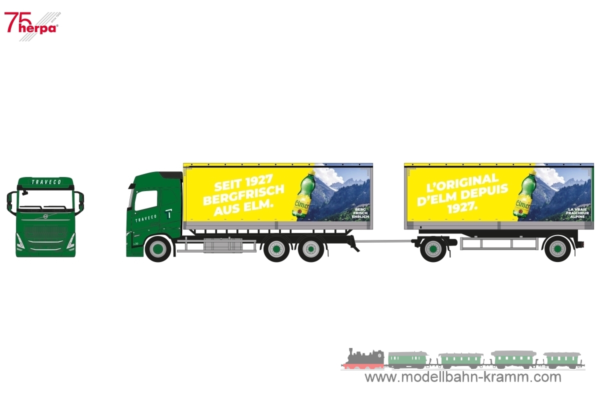 Herpa 957212, EAN 4013150957212: Volvo FH GL Planen-Hängerzug Traveco/Elmer Citro