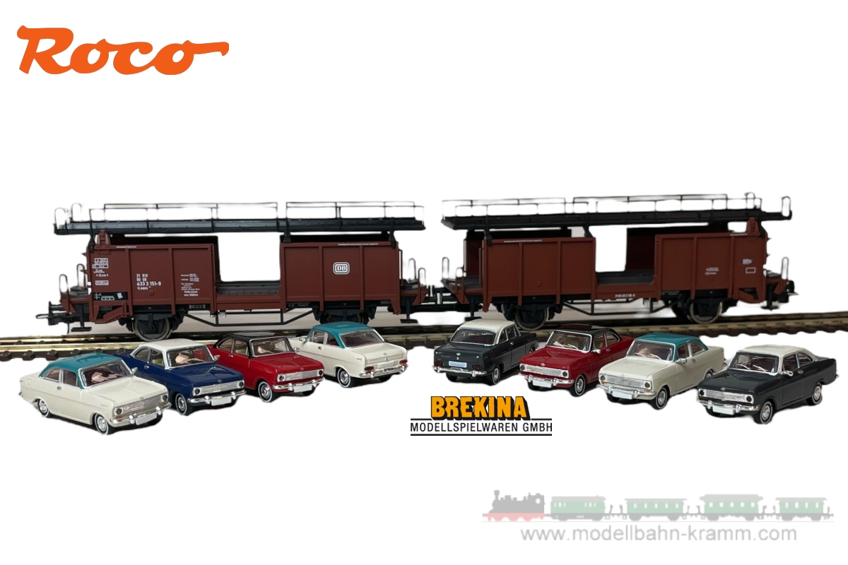 Roco 6600047.SET, EAN 2000075566263: H0 Autotransportwagen mit 8 Opel Modellen, DB