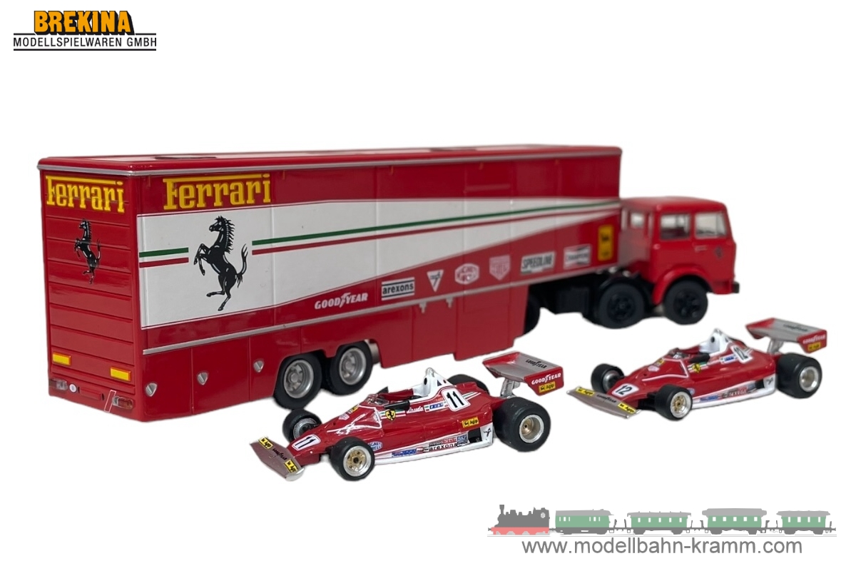 Brekina 58575, EAN 4026538585754: Fiat Renntransport-SZ Ferrari mit 2x F1 312T2 +6 Fig.
