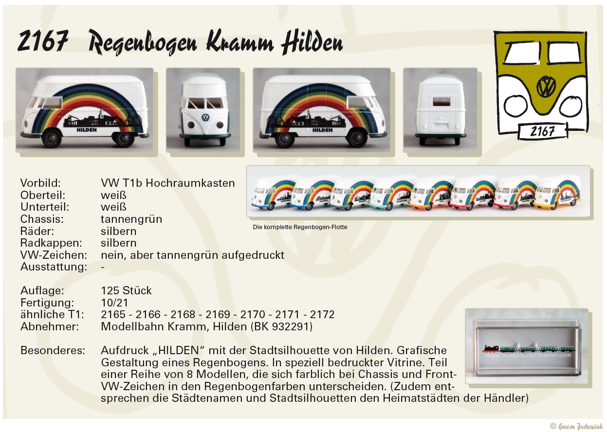 Brekina 932291, EAN 2000075307842: 1:87 VW T1 Großraumkasten Regenbogen Hilden mit Stadtsilhouette - Exklusiv für Modellbahn-Kramm