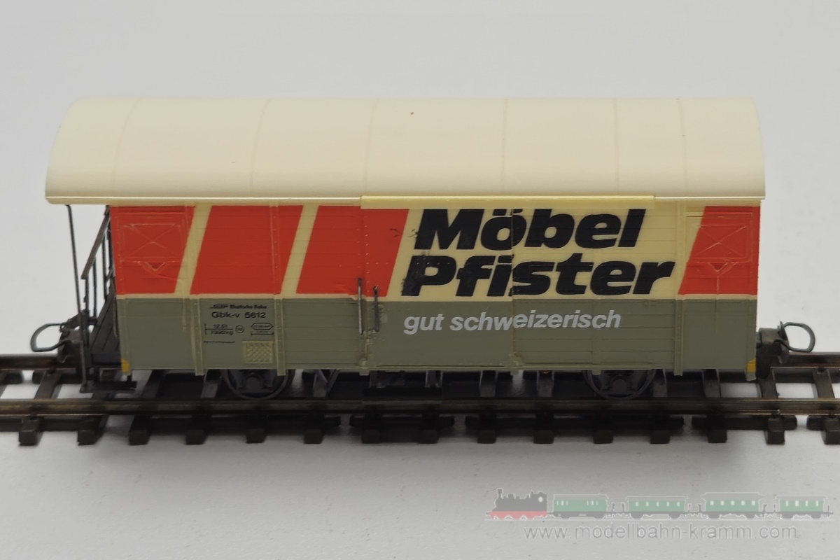 1A.Gebrauchtware 083.2283122.001, EAN 2000075660053: Bemo HOm DC 2283122 Güterwagen Gbk-v4612 Möbel Pfister weiß/grau RhB