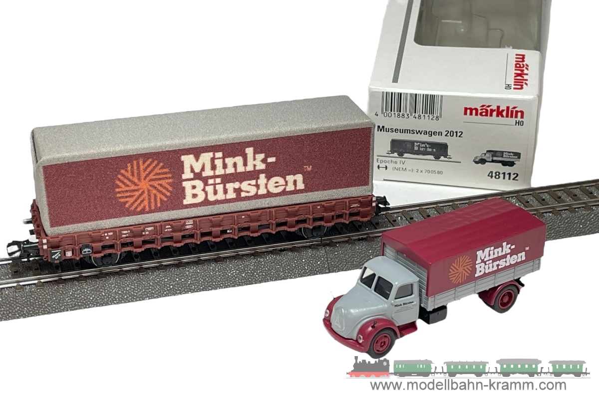 1A.second hand goods 540.0048112.003, EAN 2000075668141: Märklin H0 AC 48112 Rungenwagen Kklm 433 Beladen mit Gütern Mink Bürsten und LKW DB