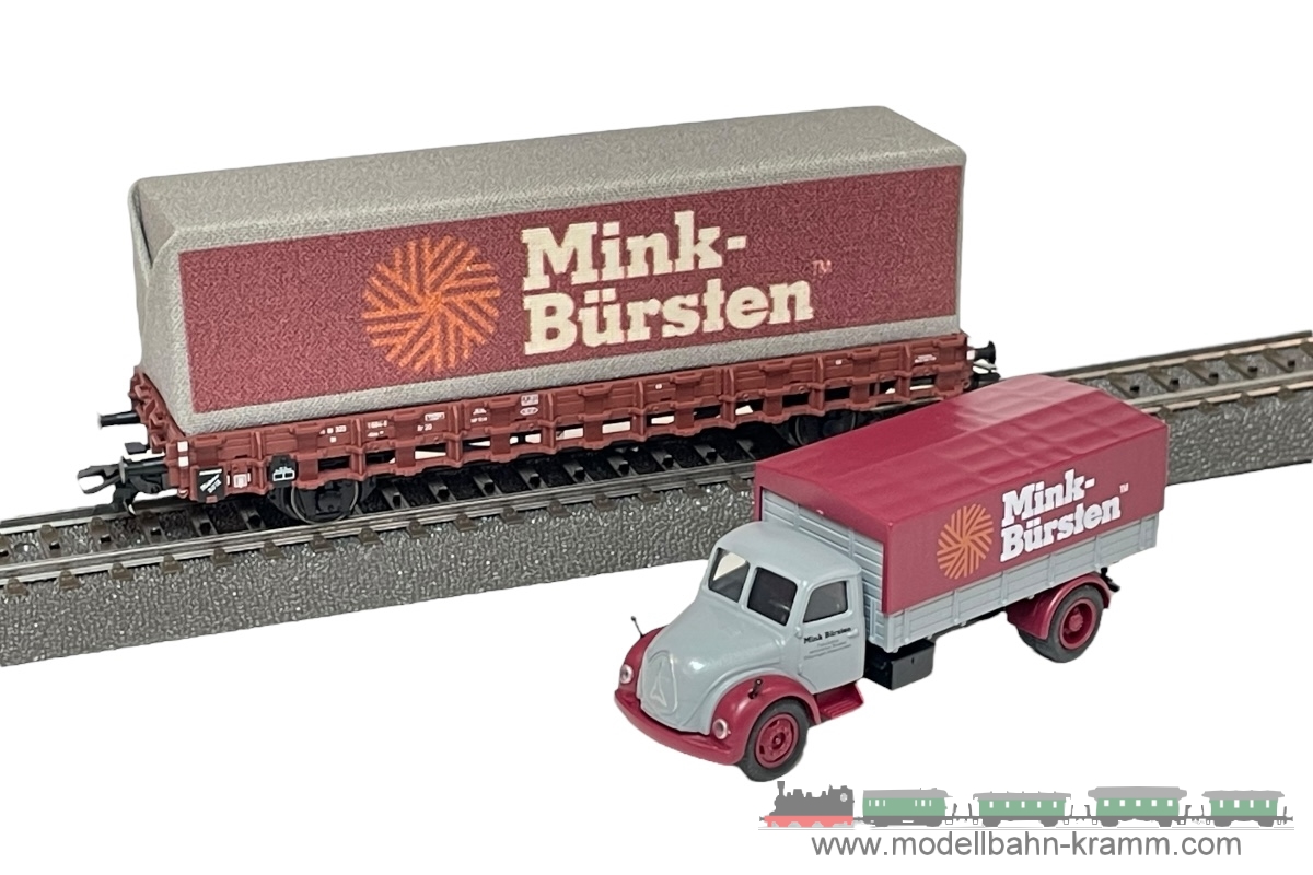 1A.Gebrauchtware 540.0048112.003, EAN 2000075668141: Märklin H0 AC 48112 Rungenwagen Kklm 433 Beladen mit Gütern Mink Bürsten und LKW DB