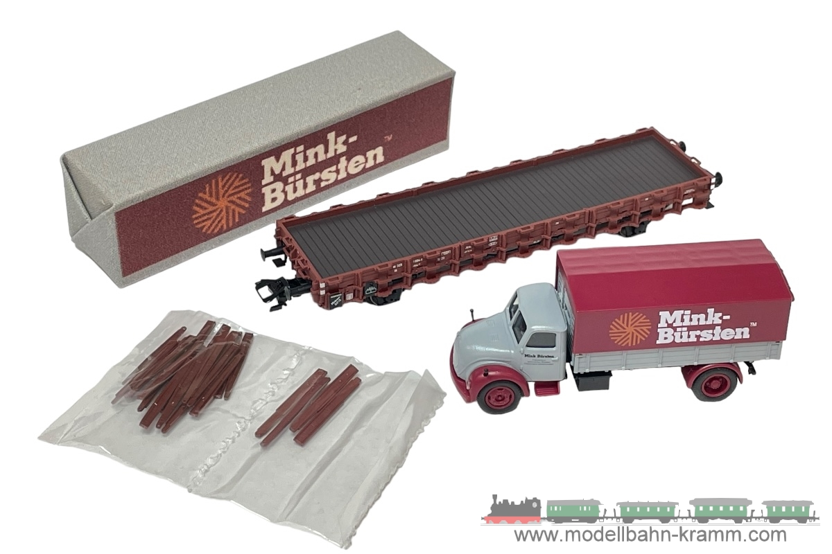 1A.Gebrauchtware 540.0048112.003, EAN 2000075668141: Märklin H0 AC 48112 Rungenwagen Kklm 433 Beladen mit Gütern Mink Bürsten und LKW DB