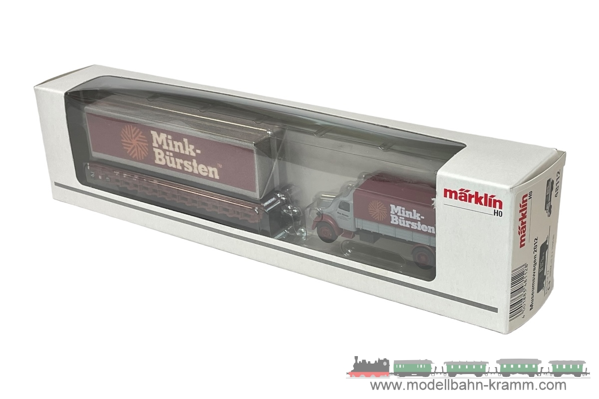 1A.Gebrauchtware 540.0048112.003, EAN 2000075668141: Märklin H0 AC 48112 Rungenwagen Kklm 433 Beladen mit Gütern Mink Bürsten und LKW DB